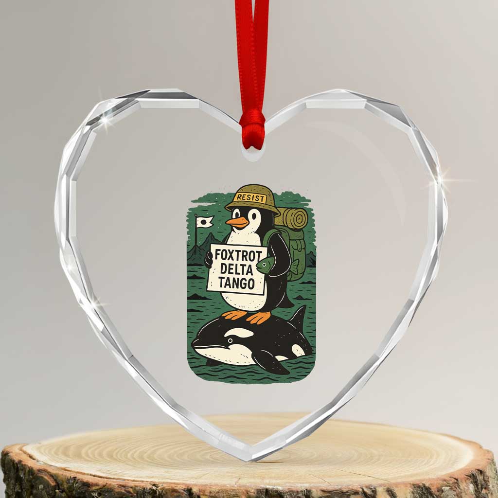 Funny Penguin Resist Heart Crystal Glass Ornament No Tarriffs Activism Graphic - Wonder Print Shop