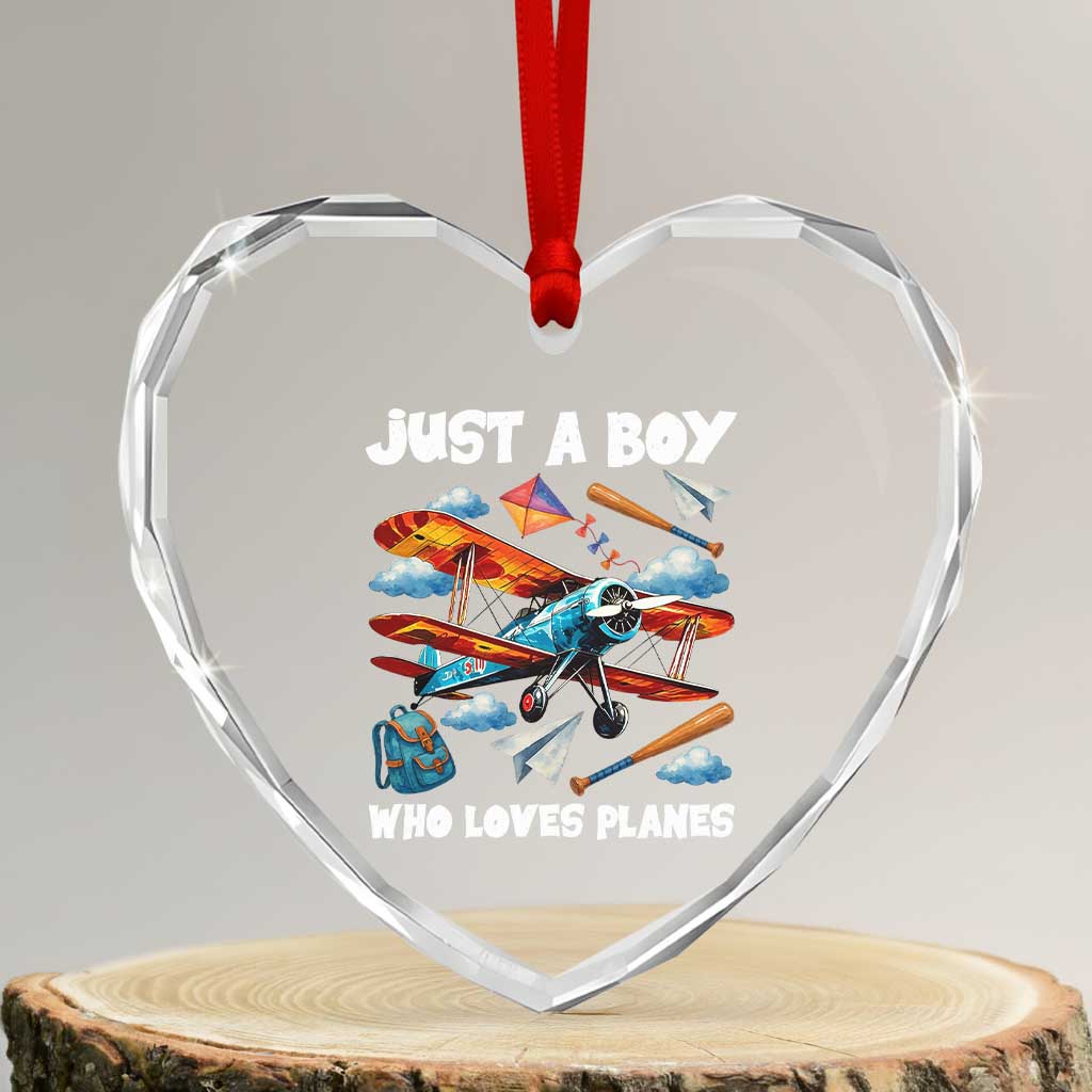 Funny Pilot Airplane Lovers Heart Crystal Glass Ornament Just A Boy Who Loves Planes - Wonder Print Shop