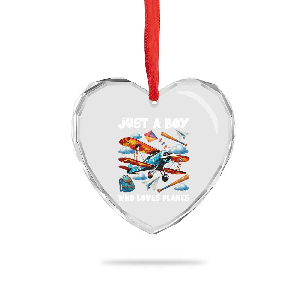 Funny Pilot Airplane Lovers Heart Crystal Glass Ornament Just A Boy Who Loves Planes - Wonder Print Shop