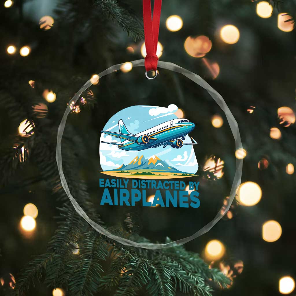 Funny Pilot Aviation Crystal Glass Ornament Easily Distracted By Airplanes Lover - Wonder Print Shop
