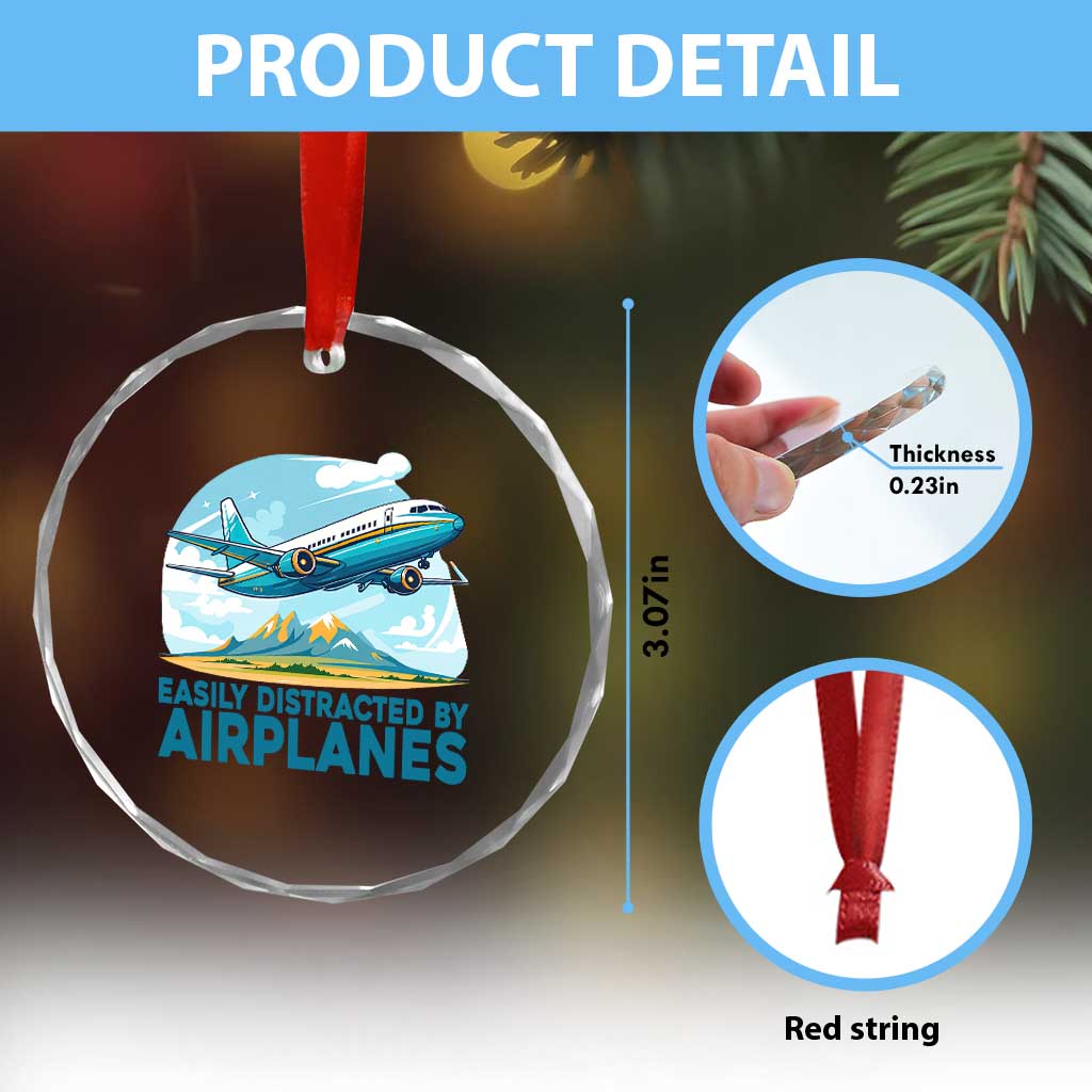 Funny Pilot Aviation Crystal Glass Ornament Easily Distracted By Airplanes Lover - Wonder Print Shop