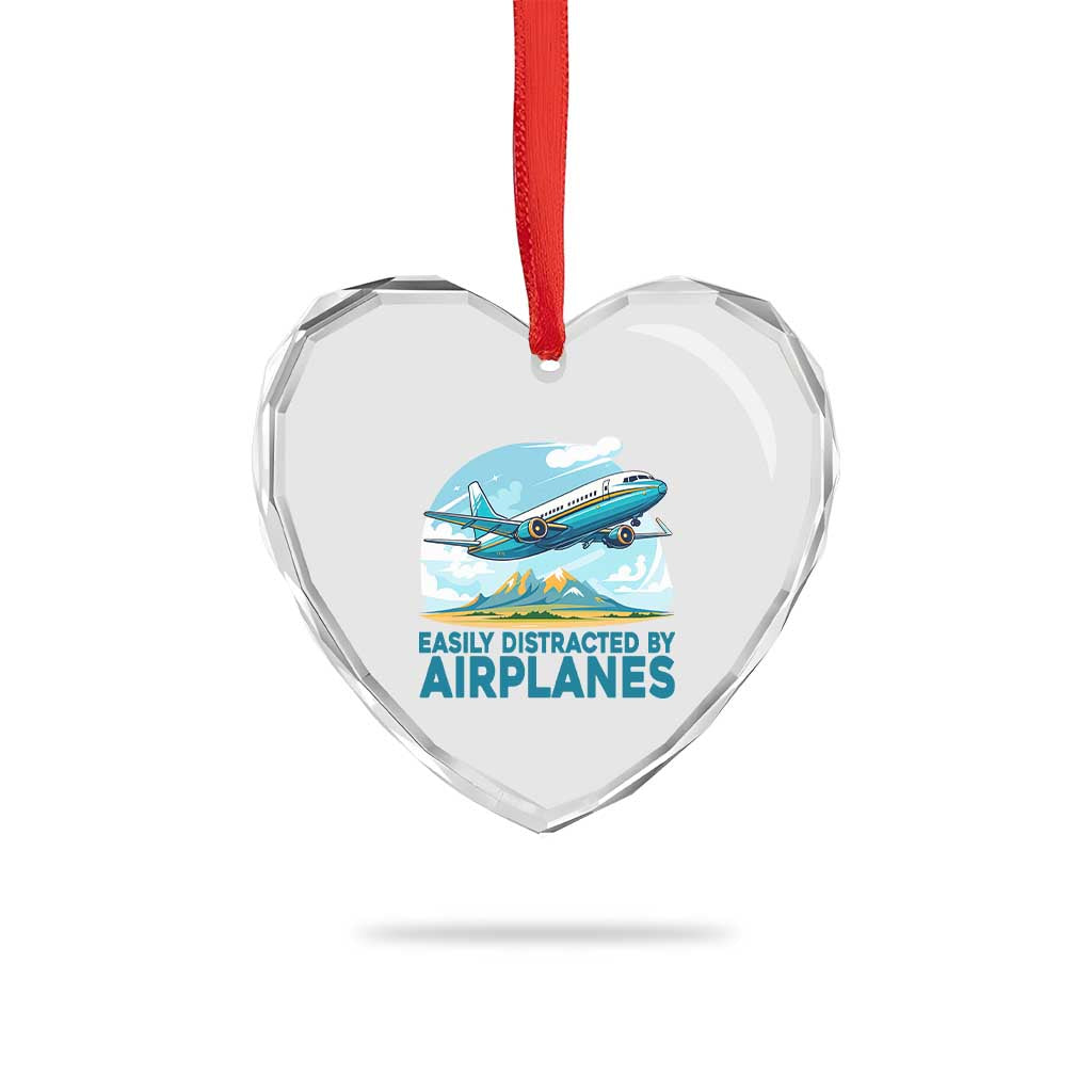 Funny Pilot Aviation Heart Crystal Glass Ornament Easily Distracted By Airplanes Lover - Wonder Print Shop