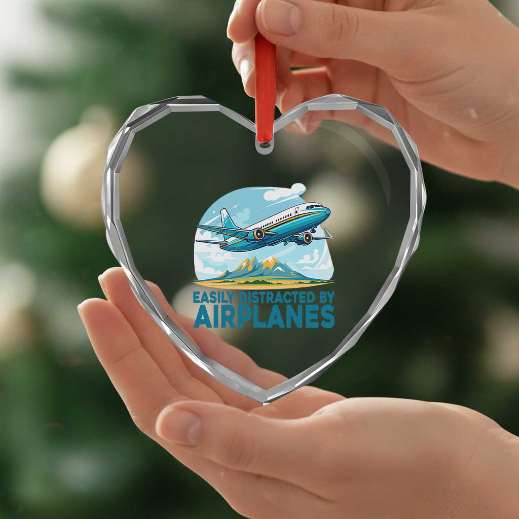 Funny Pilot Aviation Heart Crystal Glass Ornament Easily Distracted By Airplanes Lover - Wonder Print Shop