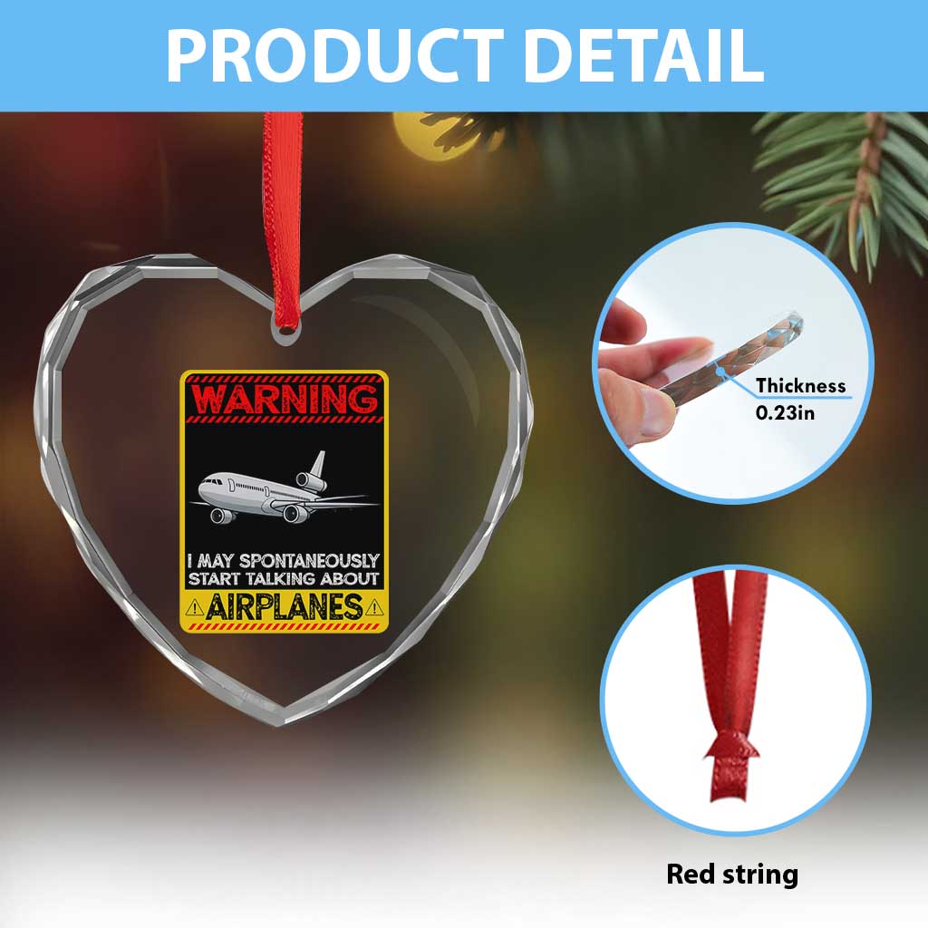 Funny Pilot Heart Crystal Glass Ornament Warning May Spontaneously Talk About Airplanes - Wonder Print Shop