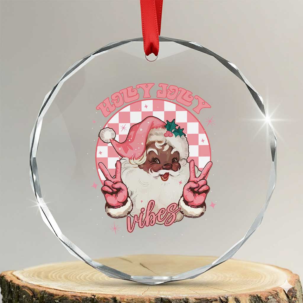 Funny Pink Christmas Retro Black Santa Crystal Glass Ornament Holly Jolly Vibes - Wonder Print Shop