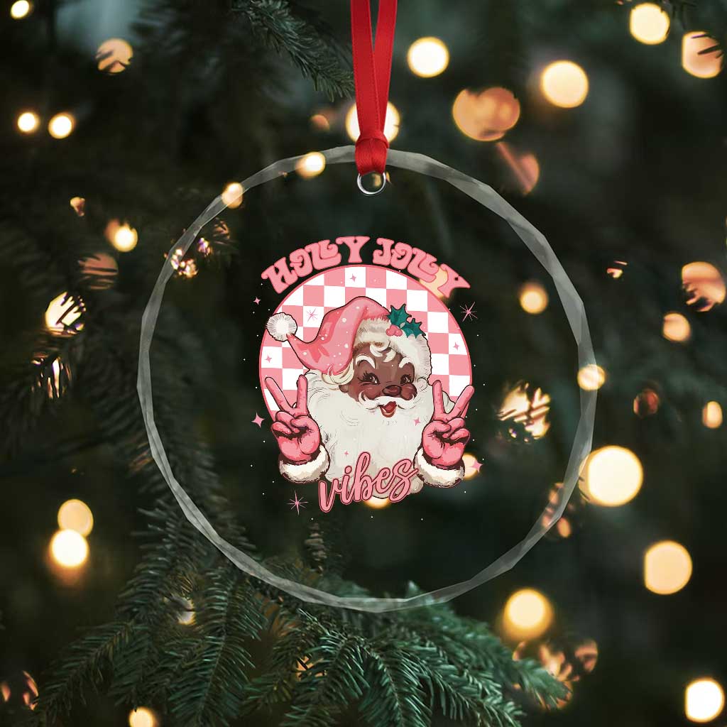 Funny Pink Christmas Retro Black Santa Crystal Glass Ornament Holly Jolly Vibes - Wonder Print Shop