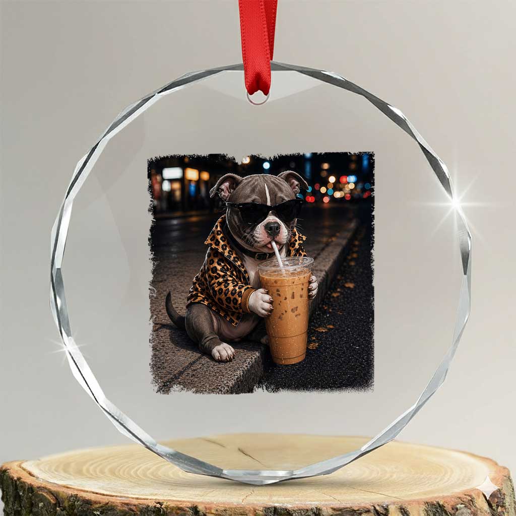 Funny Pitbull Drinking Coffee Crystal Glass Ornament Dog Meme Caffeine Graphic