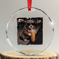 Funny Pitbull Drinking Coffee Crystal Glass Ornament Dog Meme Caffeine Graphic