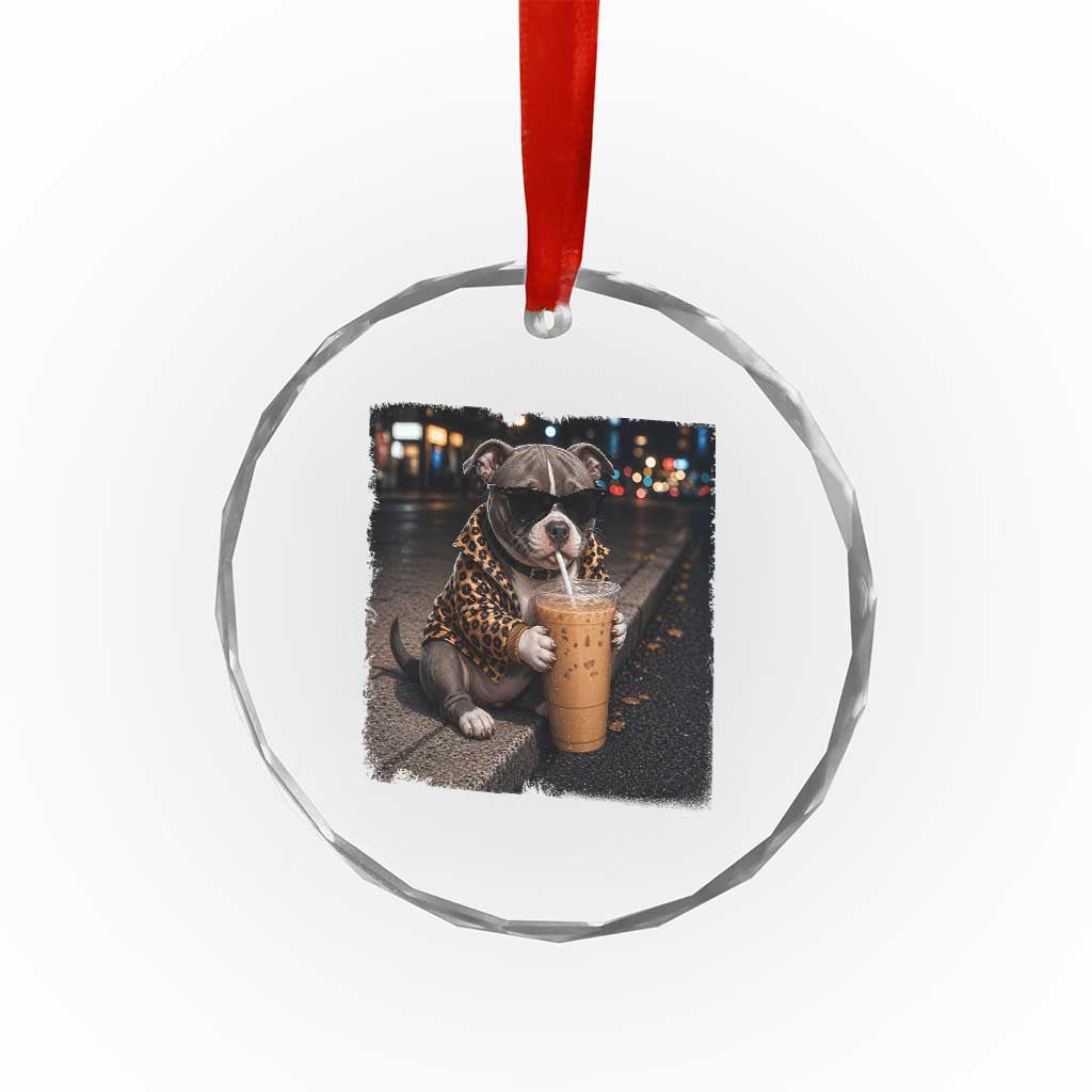 Funny Pitbull Drinking Coffee Crystal Glass Ornament Dog Meme Caffeine Graphic