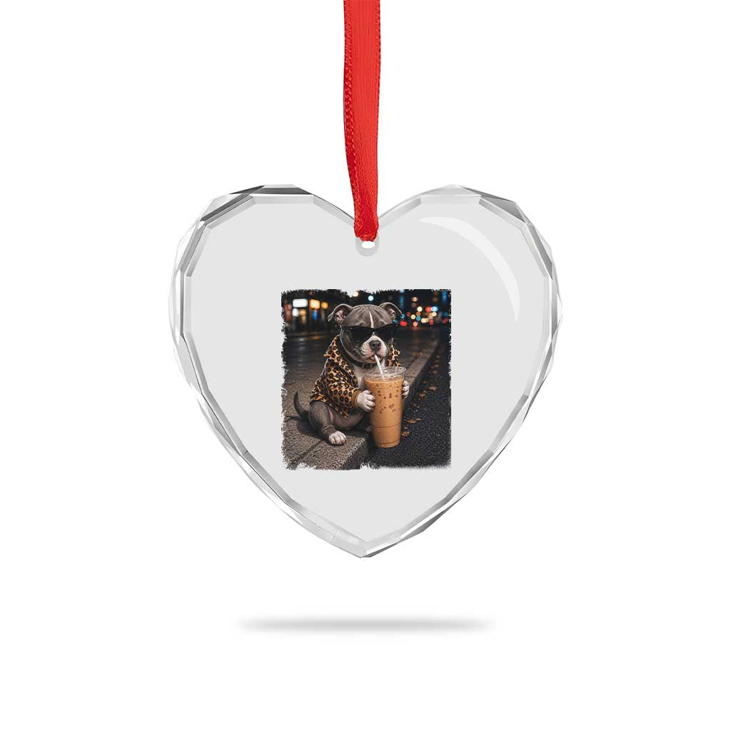 Funny Pitbull Drinking Coffee Heart Crystal Glass Ornament Dog Meme Caffeine Graphic