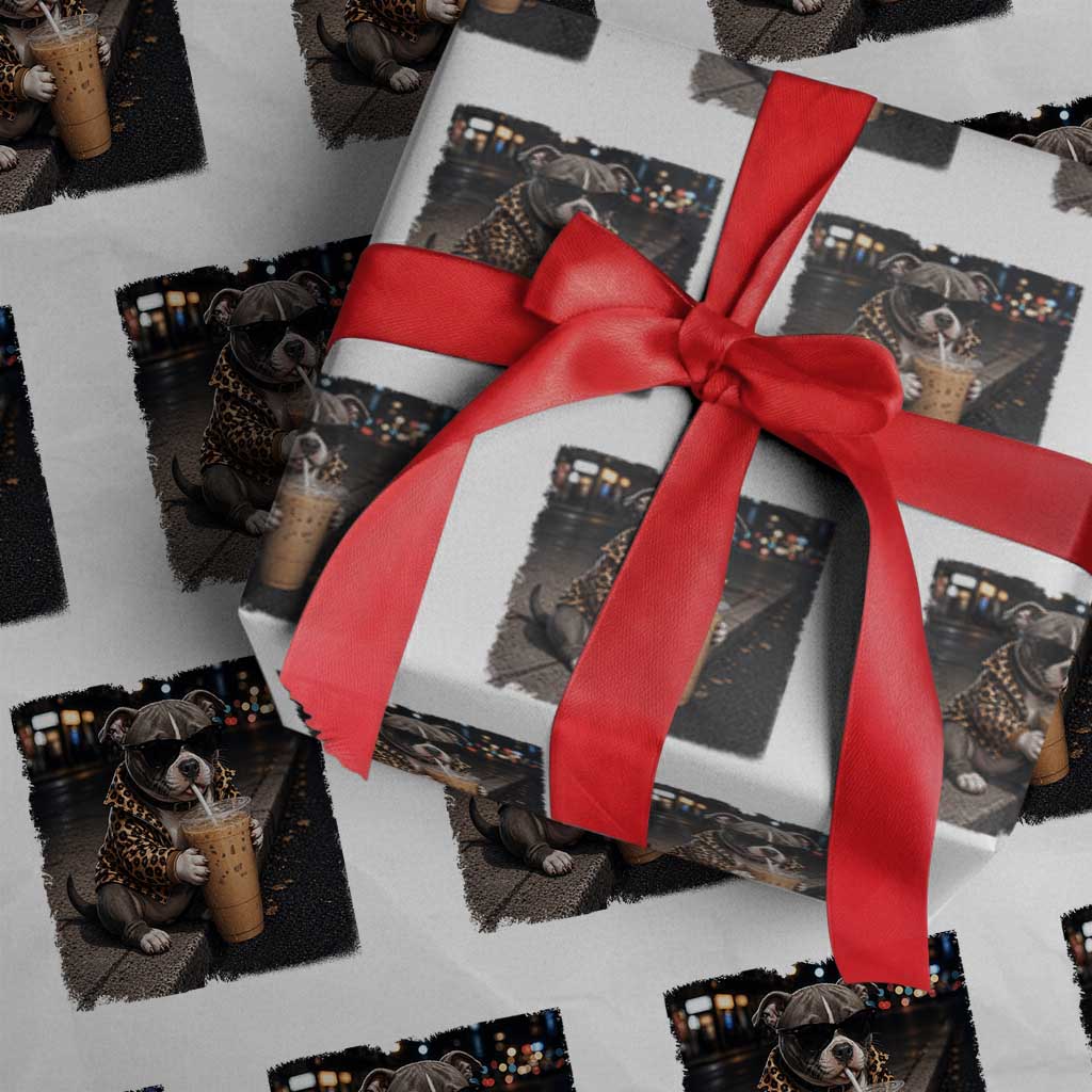 Funny Pitbull Drinking Coffee Wrapping Paper Roll Dog Meme Caffeine Graphic