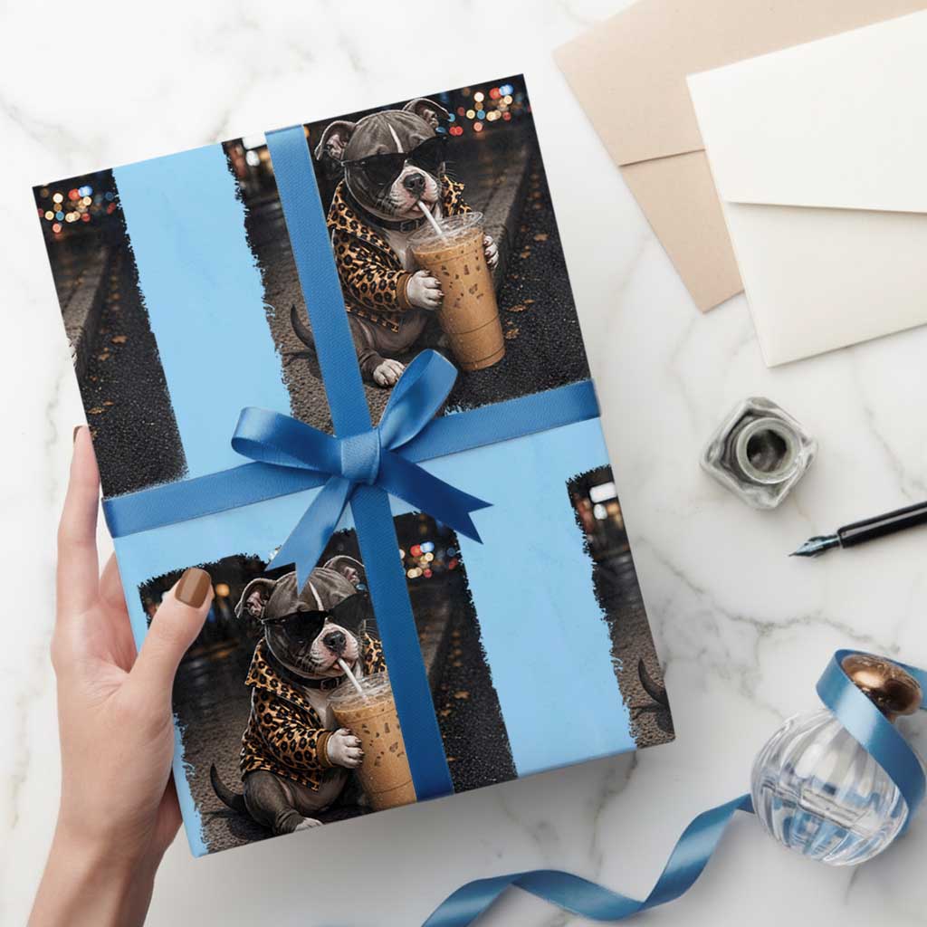 Funny Pitbull Drinking Coffee Wrapping Paper Roll Dog Meme Caffeine Graphic