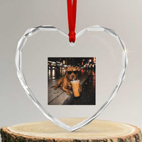 Funny Pitbull Drinking Iced Coffee Heart Crystal Glass Ornament Vintage Pittie Dog Lovers Meme
