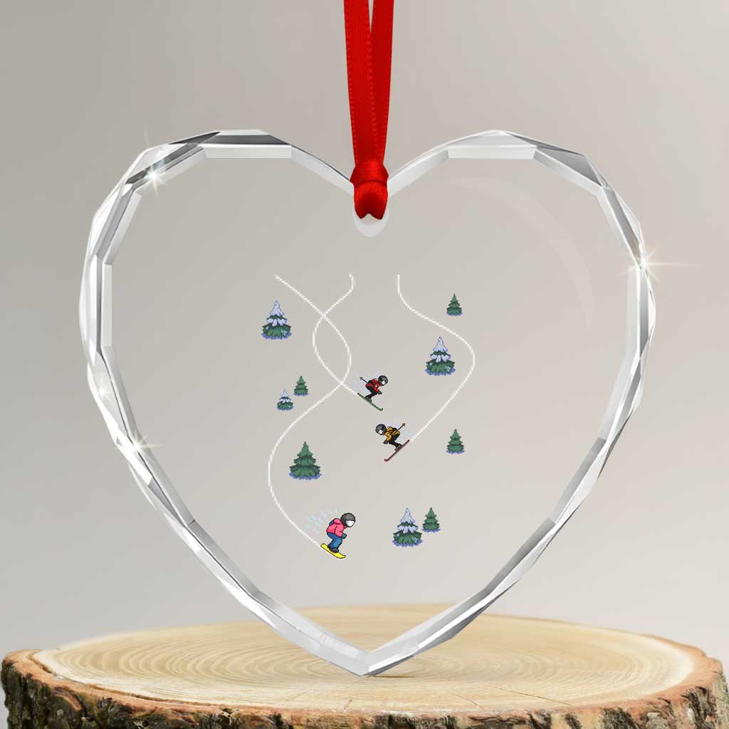 Funny Pixel Ski Snowboard Winter Sport Game Lover Heart Crystal Glass Ornament - Wonder Print Shop