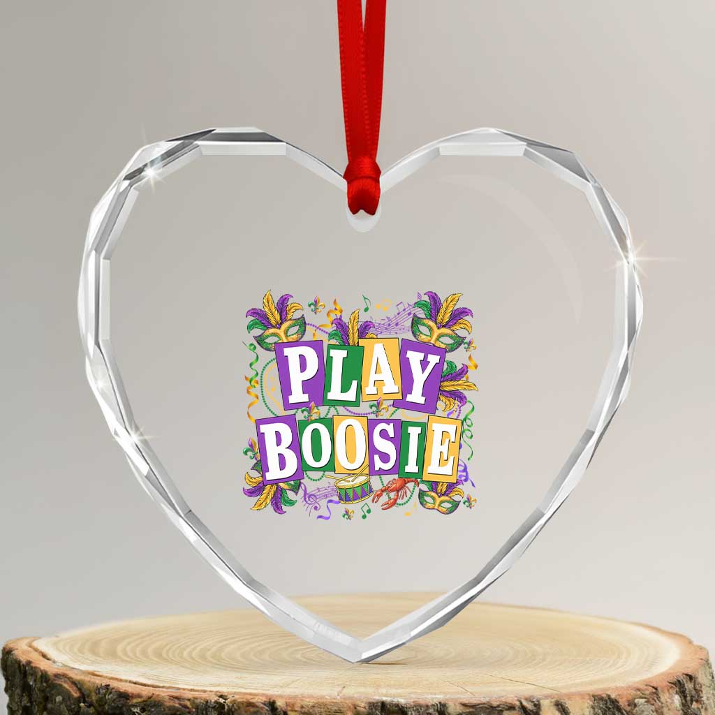 Funny Play Boosie Mardi Gras Heart Crystal Glass Ornament Fat Tuesday Carnival Fleur De Lis Music