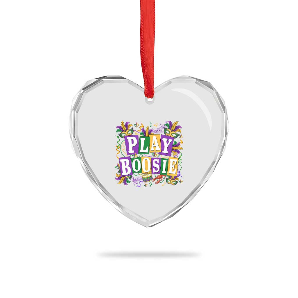 Funny Play Boosie Mardi Gras Heart Crystal Glass Ornament Fat Tuesday Carnival Fleur De Lis Music