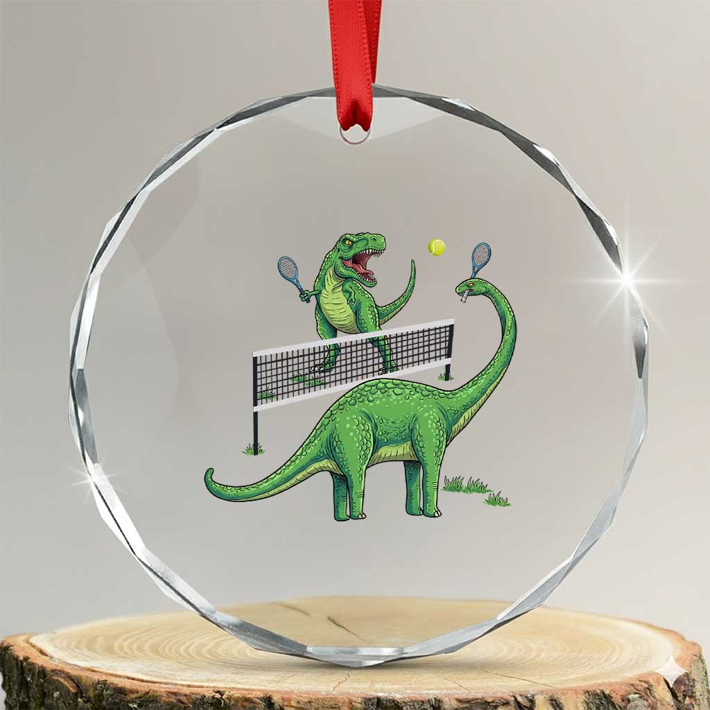 Funny Prehistoric Dinosaur Tennis Player Game Day Crystal Glass Ornament - Wonder Print Shop
