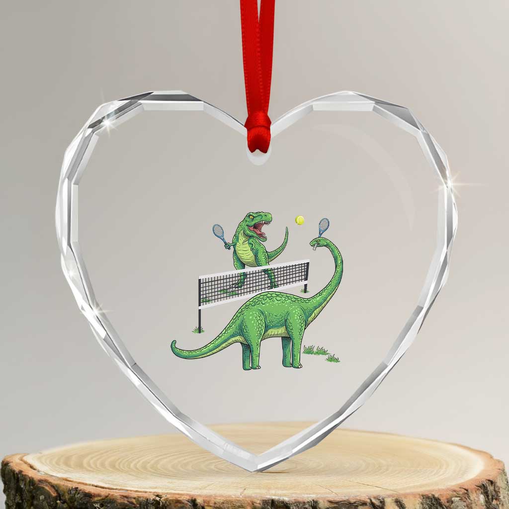 Funny Prehistoric Dinosaur Tennis Player Game Day Heart Crystal Glass Ornament - Wonder Print Shop