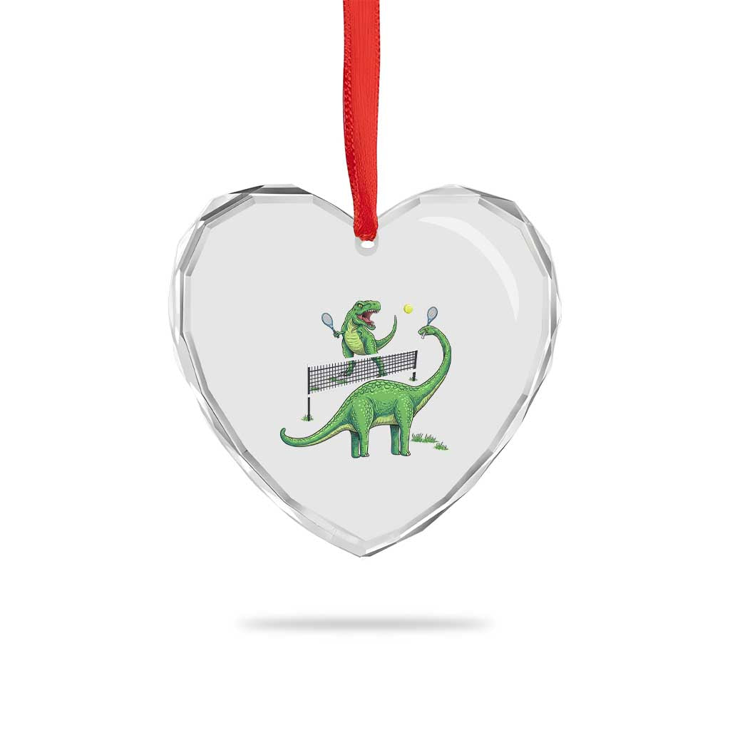 Funny Prehistoric Dinosaur Tennis Player Game Day Heart Crystal Glass Ornament - Wonder Print Shop