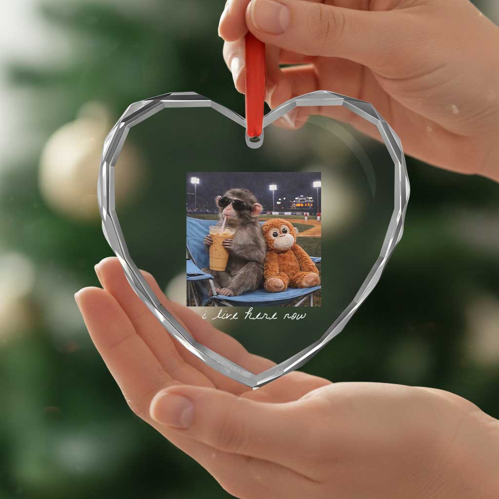 Funny Punch Monkey Baseball Heart Crystal Glass Ornament I Live Here Now Ballpark Graphic