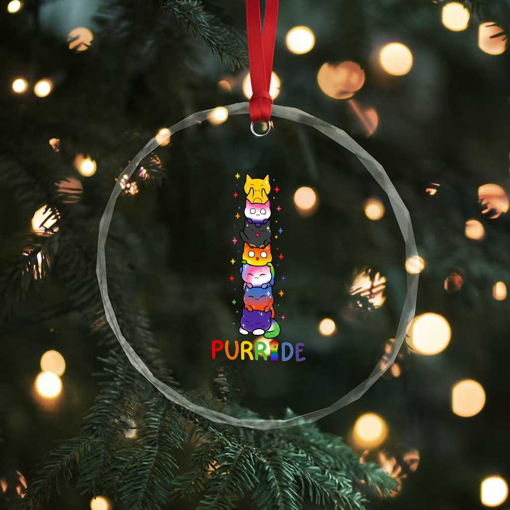 Funny Purride Stacked Cats Pride Crystal Glass Ornament Cute LGBTQ Cat Lover