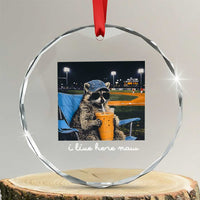 Funny Raccoon Baseball Game Day Meme Crystal Glass Ornament I Live Here Now Trash Panda Iced Coffee Night