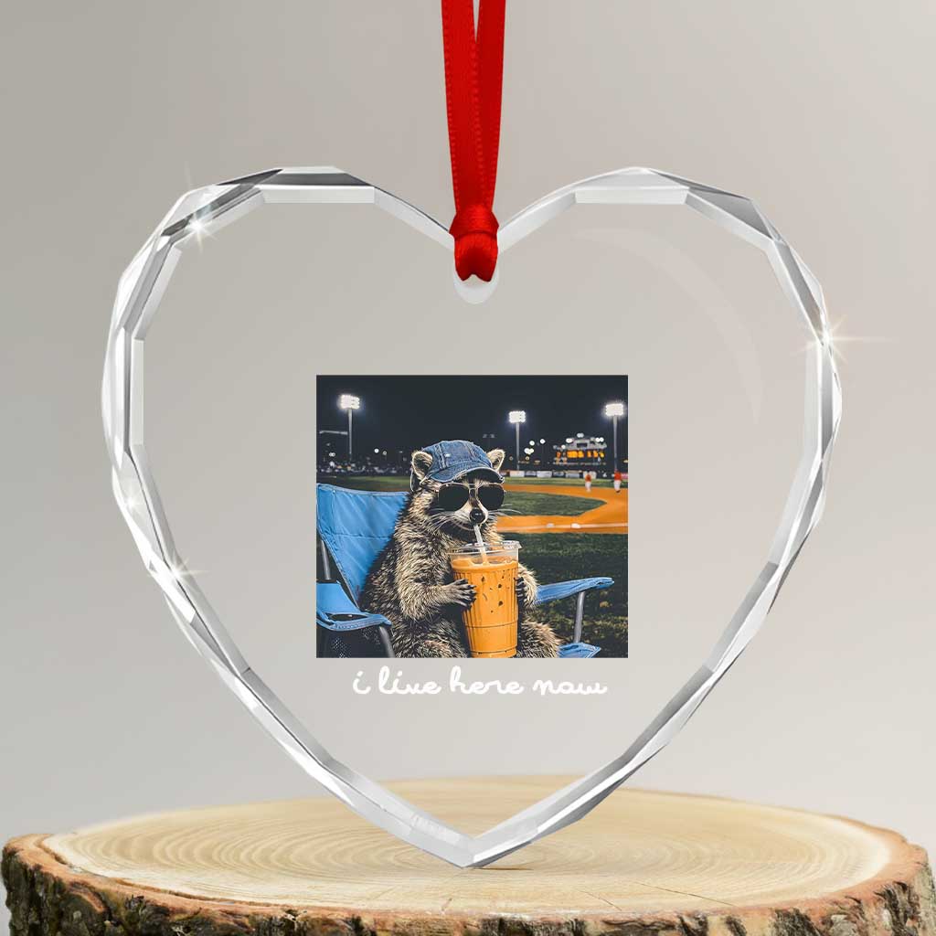 Funny Raccoon Baseball Game Day Meme Heart Crystal Glass Ornament I Live Here Now Trash Panda Iced Coffee Night