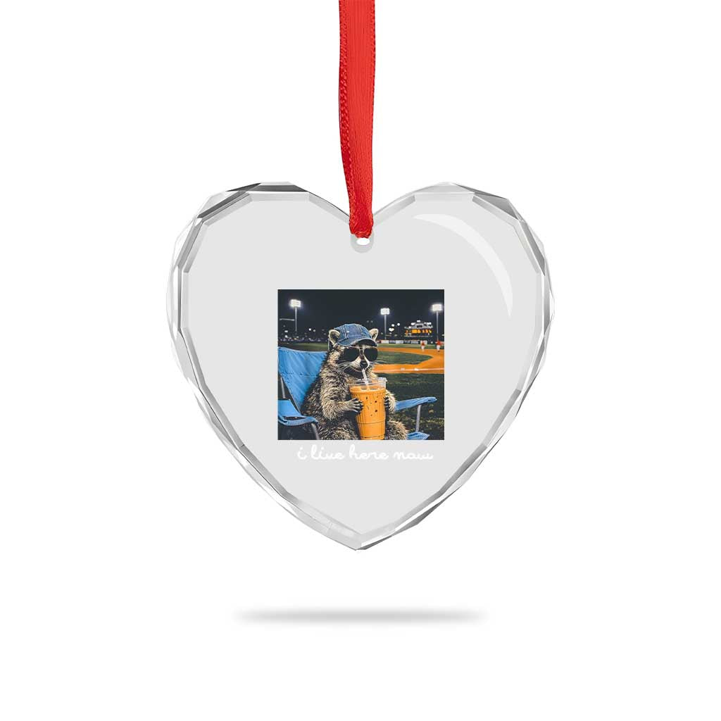 Funny Raccoon Baseball Game Day Meme Heart Crystal Glass Ornament I Live Here Now Trash Panda Iced Coffee Night