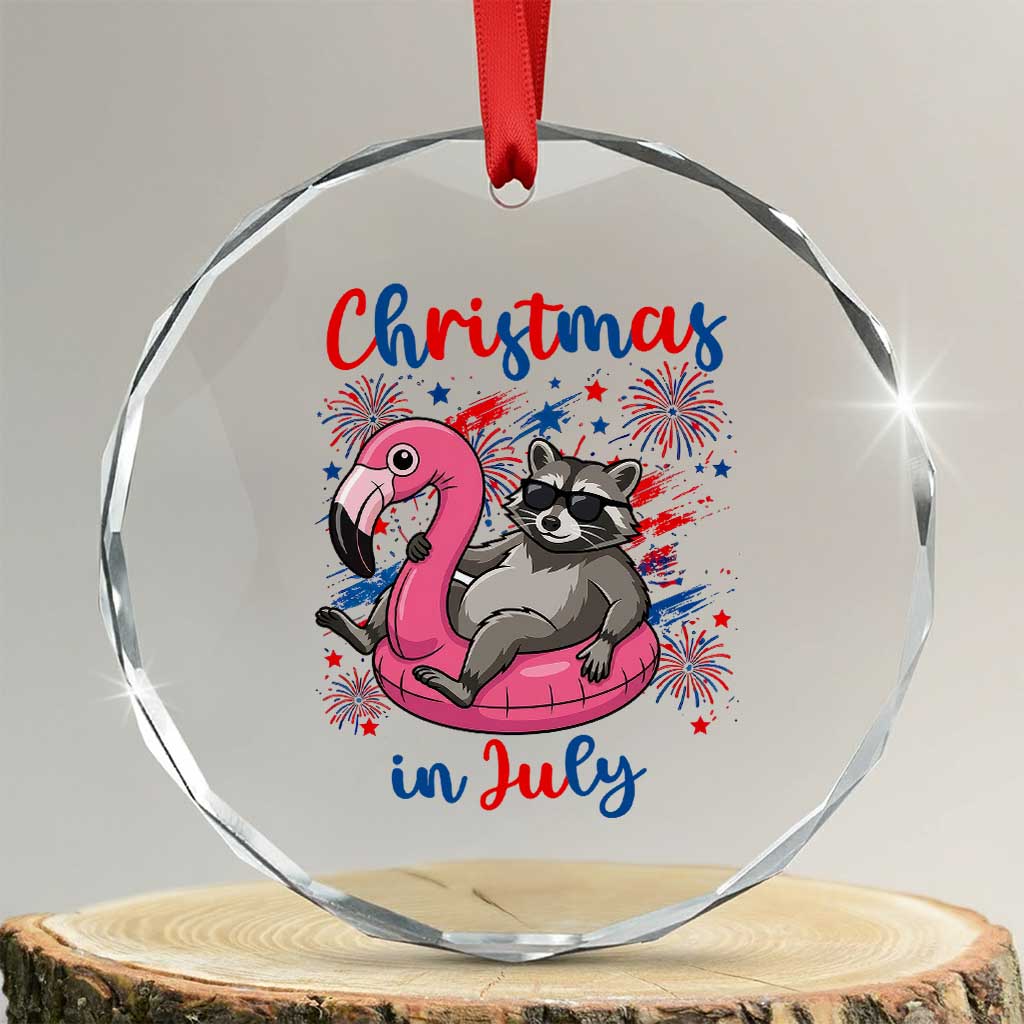 Funny Raccoon Christmas In July 4th of July Crystal Glass Ornament