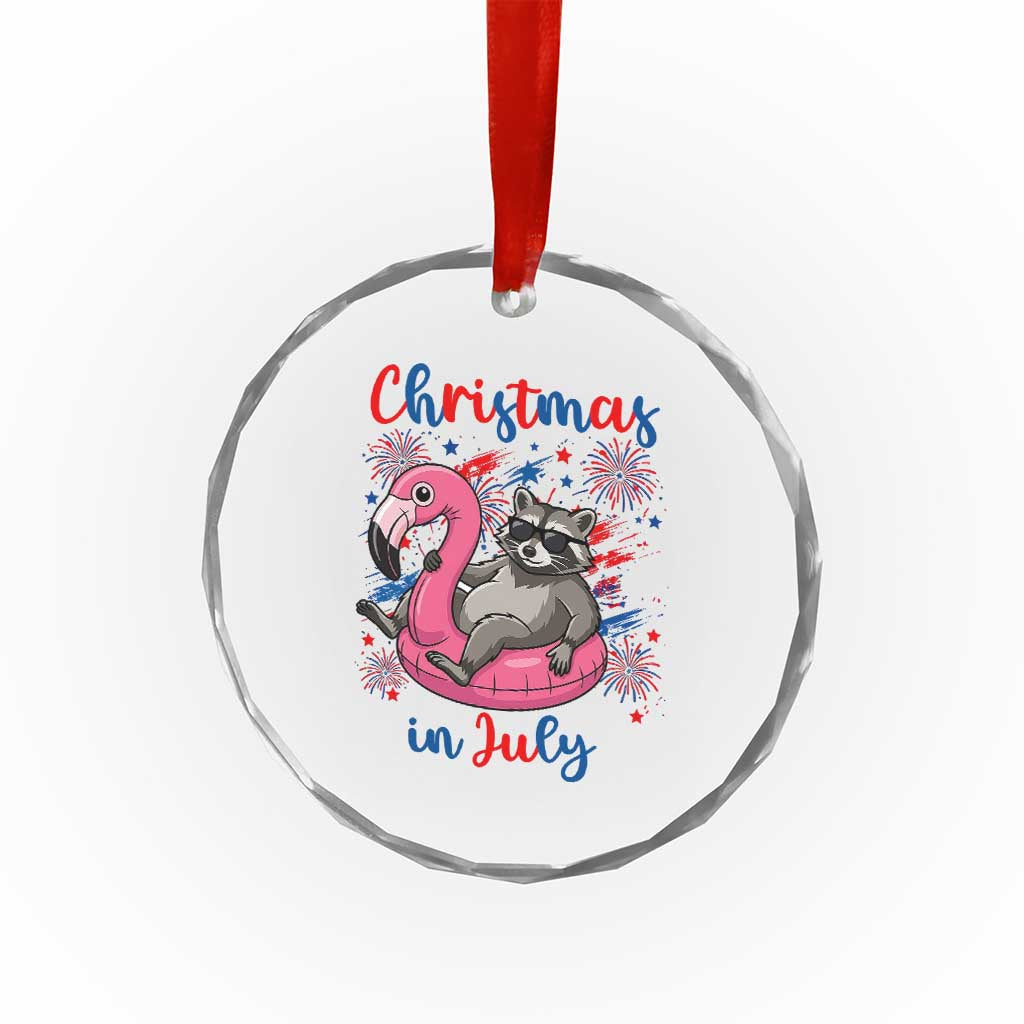 Funny Raccoon Christmas In July 4th of July Crystal Glass Ornament