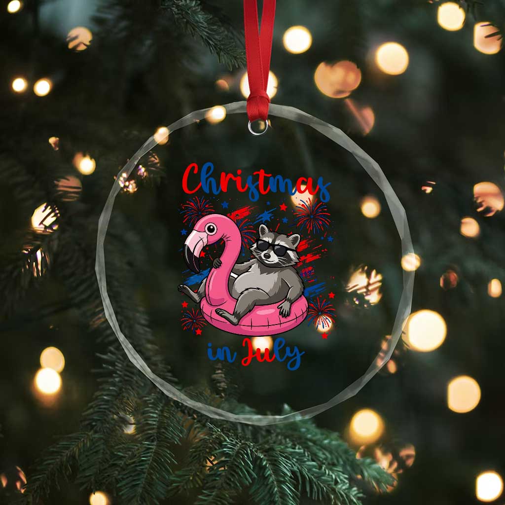 Funny Raccoon Christmas In July 4th of July Crystal Glass Ornament