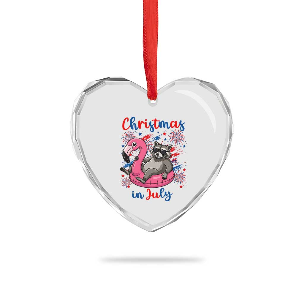 Funny Raccoon Christmas In July 4th of July Heart Crystal Glass Ornament
