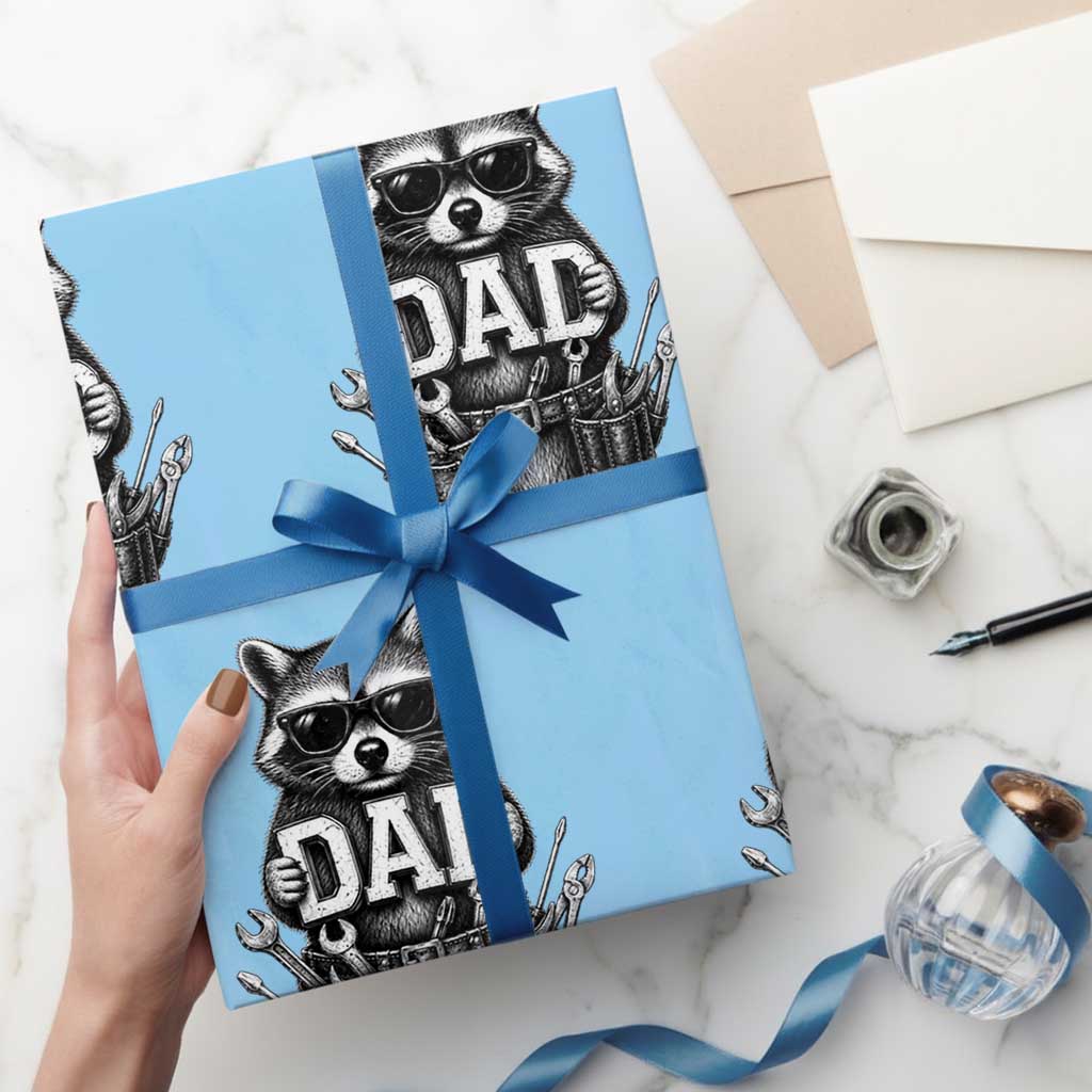 Funny Raccoon Dad Mechanic Wrapping Paper Roll Trash Panda Fathers Day Gift