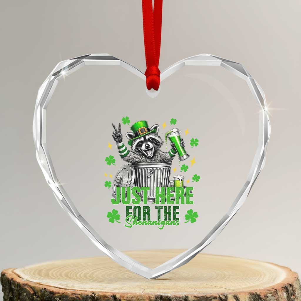 Funny Raccoon Drinking Beer St Patricks Day Heart Crystal Glass Ornament Just Here For The Shenanigans