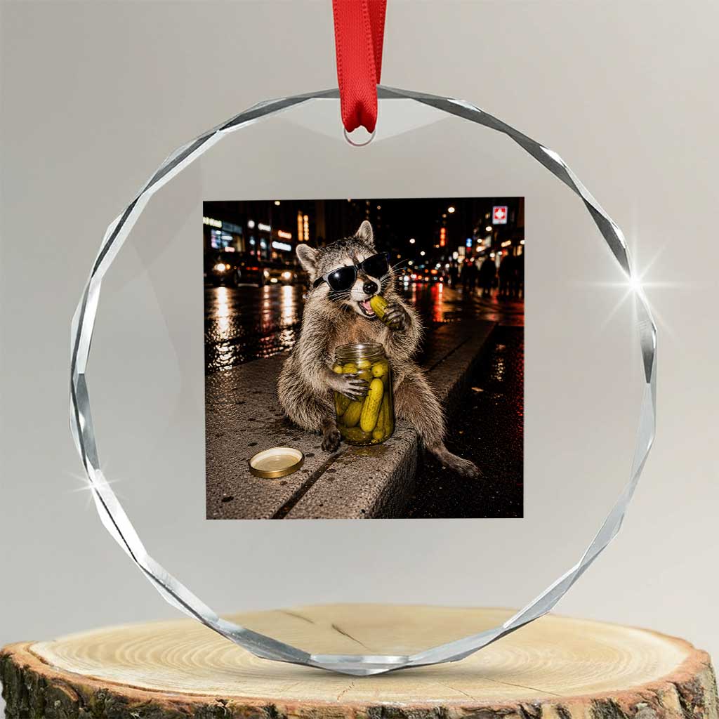Funny Raccoon Eating Pickles Meme Crystal Glass Ornament