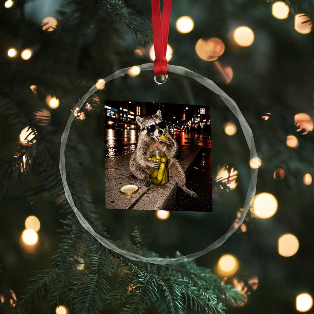 Funny Raccoon Eating Pickles Meme Crystal Glass Ornament