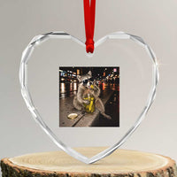 Funny Raccoon Eating Pickles Meme Heart Crystal Glass Ornament