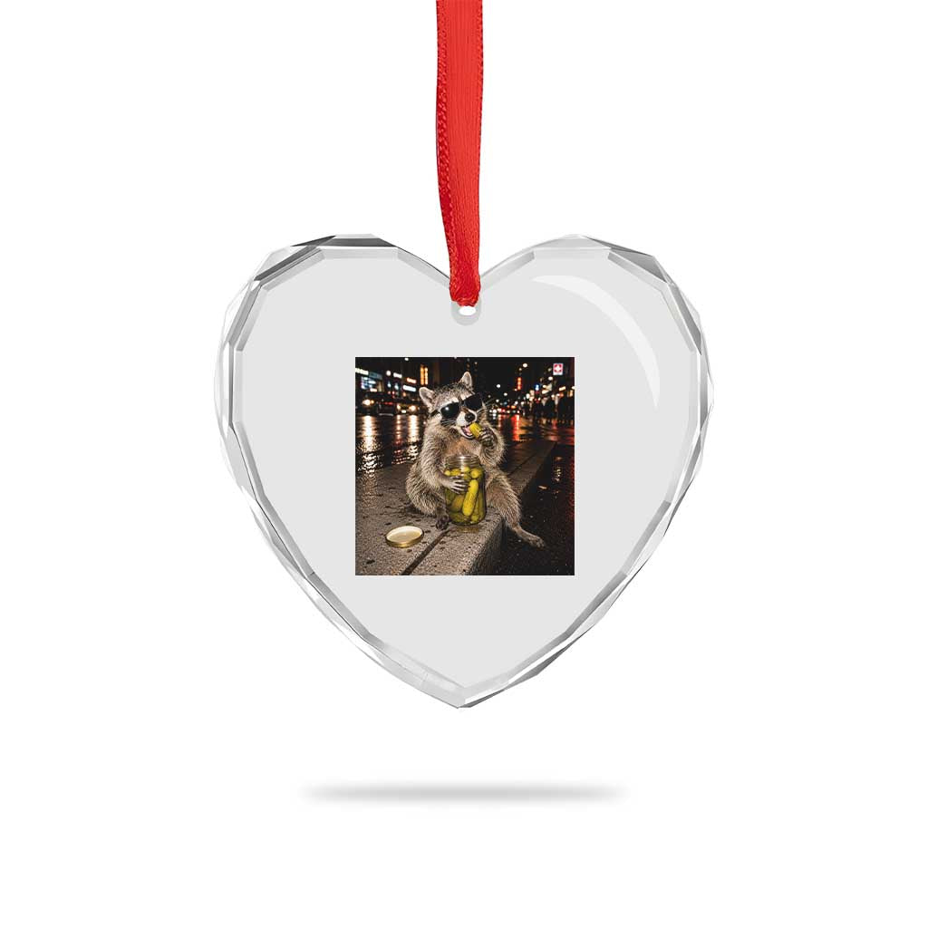 Funny Raccoon Eating Pickles Meme Heart Crystal Glass Ornament