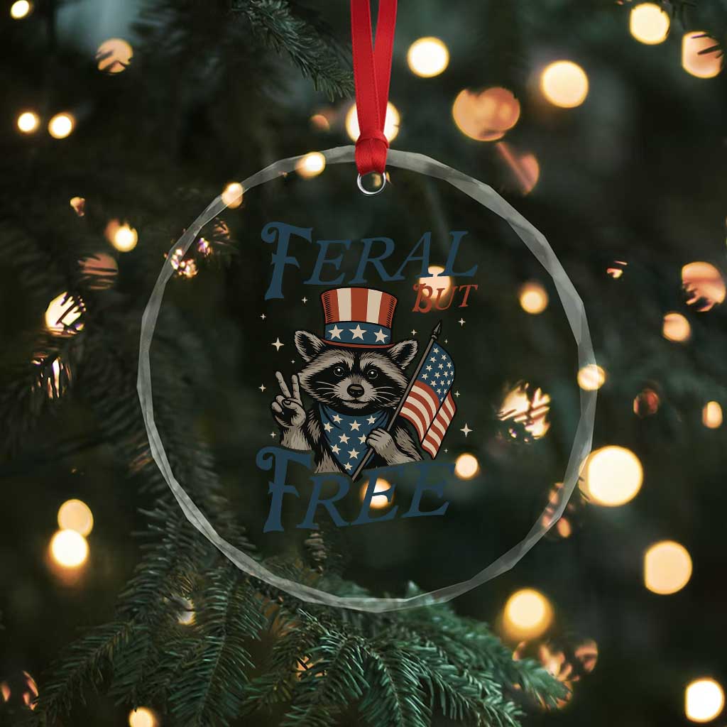 Funny Raccoon Patriotic Crystal Glass Ornament Feral But Free 4th Of July American Flag - Wonder Print Shop