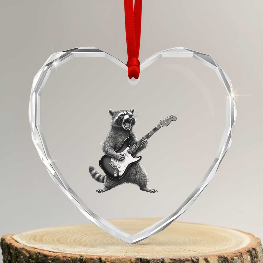 Funny Raccoon Playing Guitar Rock and Roll Heart Crystal Glass Ornament