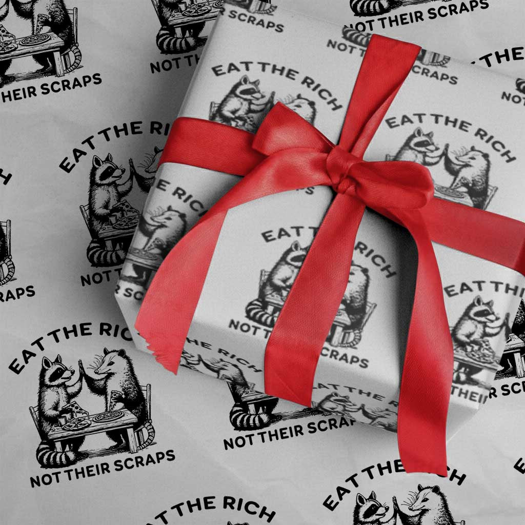 Funny Raccoon Possum Meme Wrapping Paper Roll Eat The Rich Not Their Scraps Sarcasm Retro Minimalist