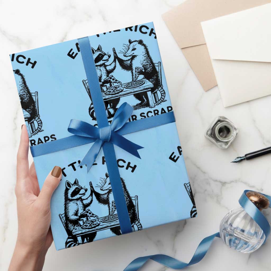Funny Raccoon Possum Meme Wrapping Paper Roll Eat The Rich Not Their Scraps Sarcasm Retro Minimalist