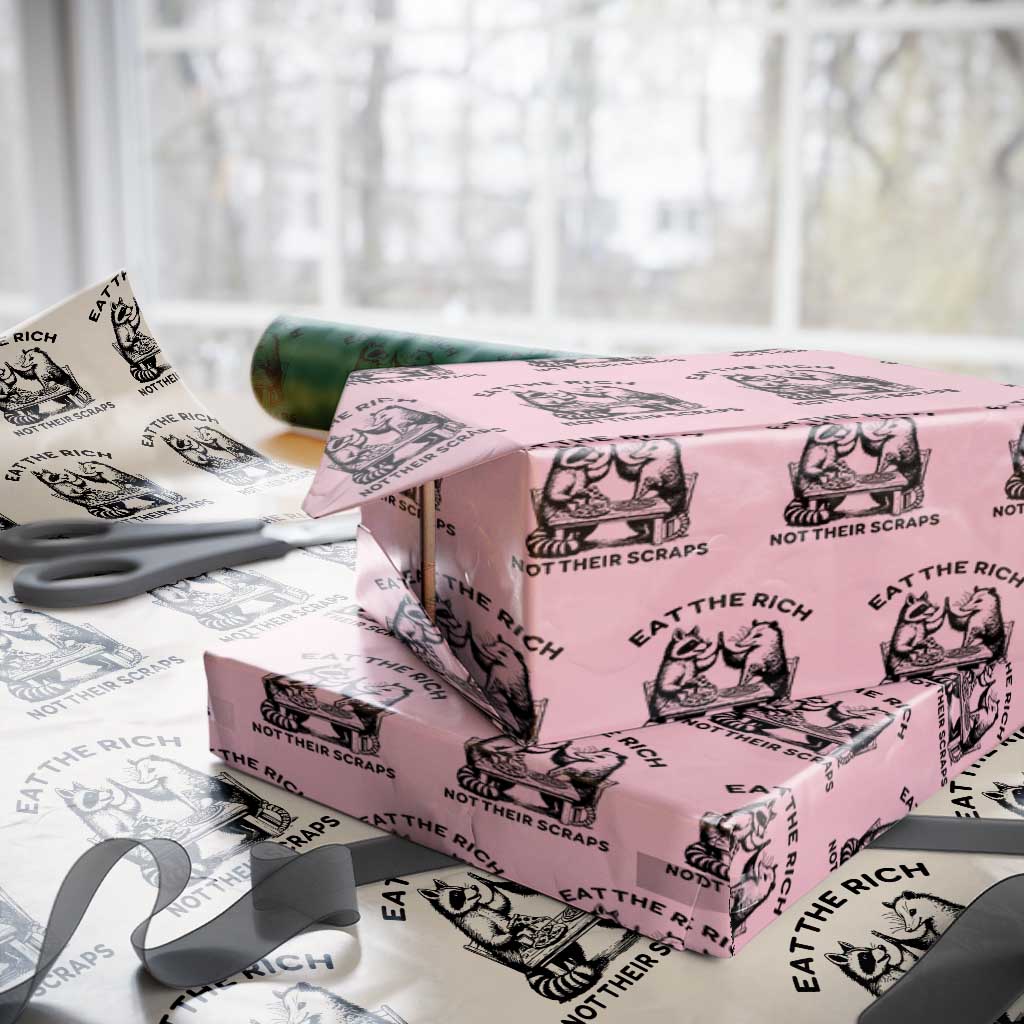 Funny Raccoon Possum Meme Wrapping Paper Roll Eat The Rich Not Their Scraps Sarcasm Retro Minimalist