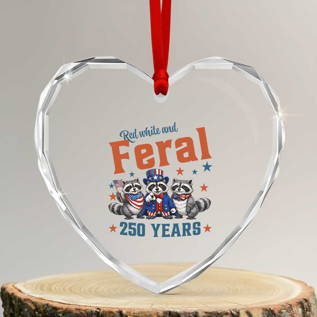 Funny Raccoon Red White And Feral America 250 Heart Crystal Glass Ornament