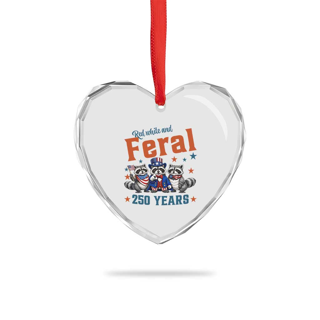Funny Raccoon Red White And Feral America 250 Heart Crystal Glass Ornament