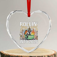 Funny Raccoon Rollin Into 2026 Heart Crystal Glass Ornament Happy New Year Dumpster Fire - Wonder Print Shop