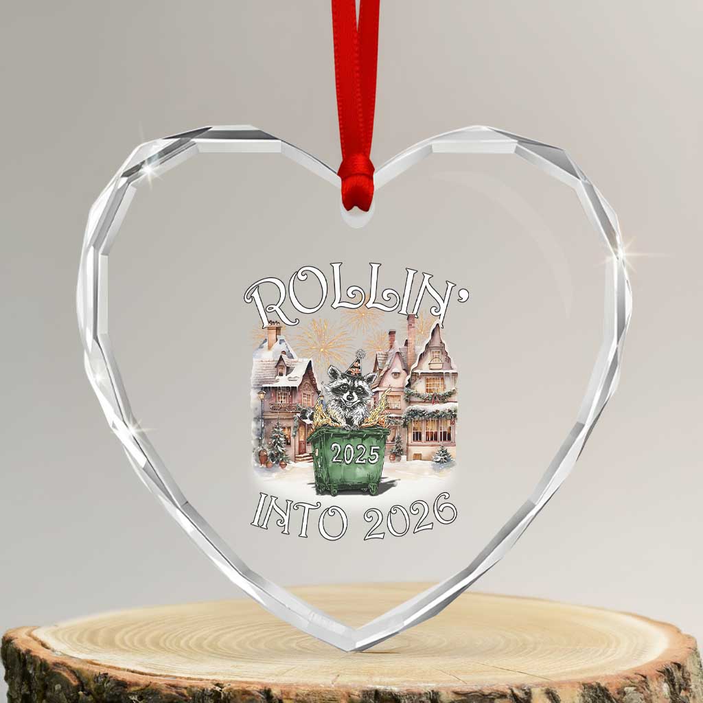 Funny Raccoon Rollin Into 2026 Heart Crystal Glass Ornament New Year Dumpster Fire Firework - Wonder Print Shop