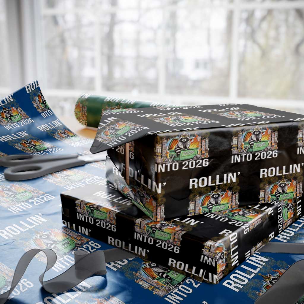 Funny Raccoon Rollin Into 2026 Wrapping Paper Roll Happy New Year Dumpster Fire - Wonder Print Shop