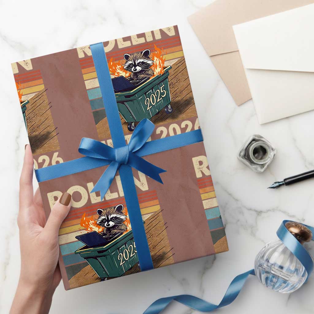 Funny Raccoon Rollin Into 2026 Wrapping Paper Roll New Year Dumpster Fire - Wonder Print Shop