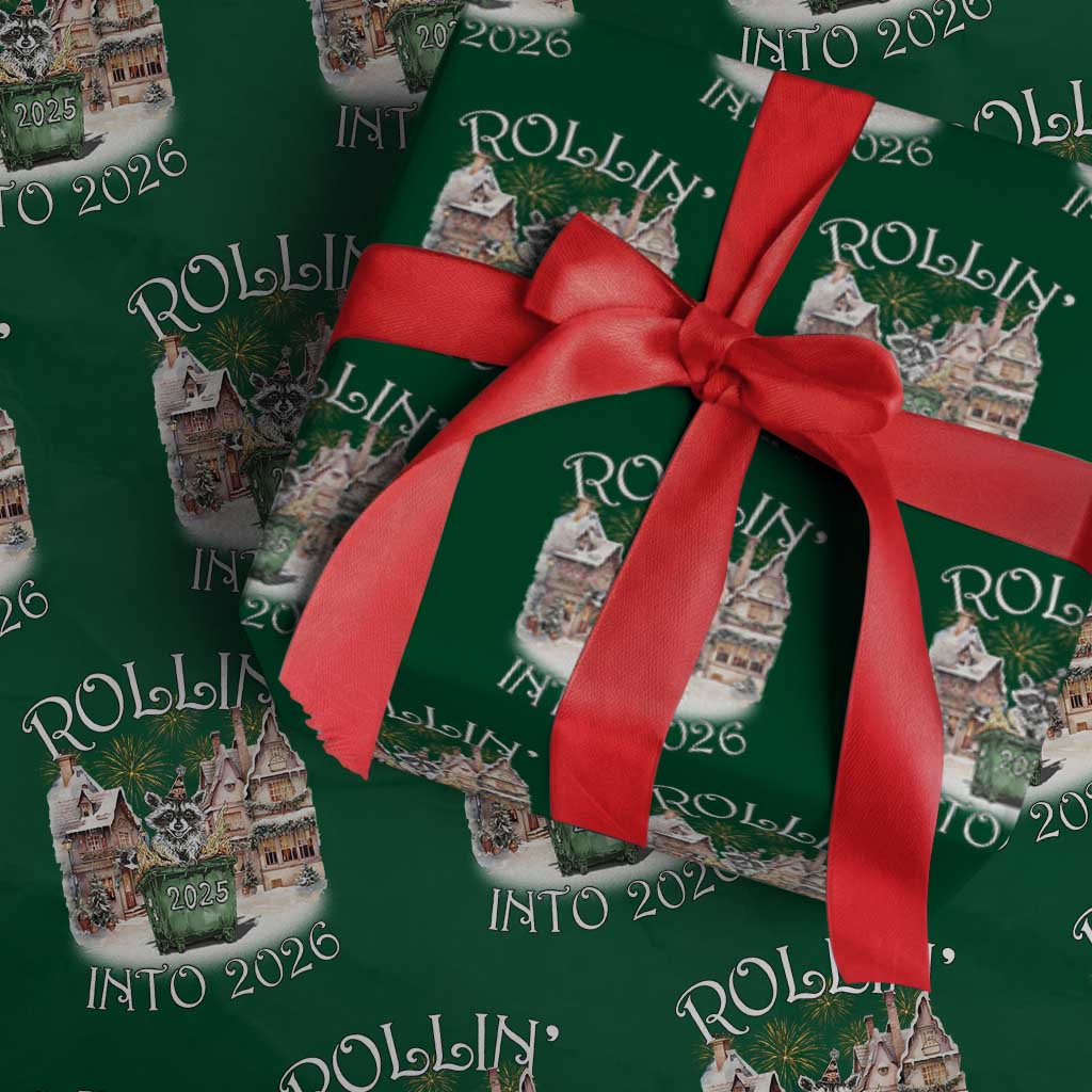 Funny Raccoon Rollin Into 2026 Wrapping Paper Roll New Year Dumpster Fire Firework - Wonder Print Shop